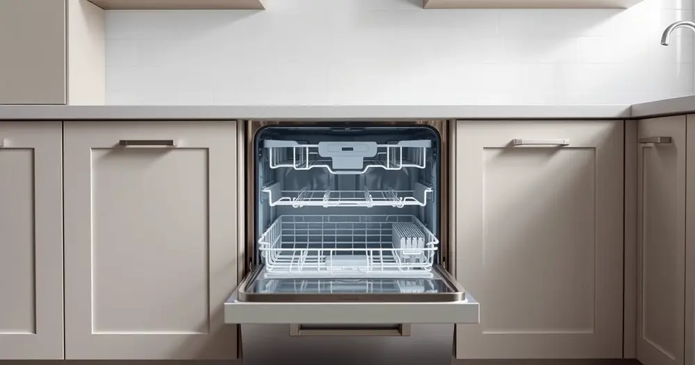 Lava-louças instalada sob a bancada da cozinha com a porta aberta e cestos visíveis