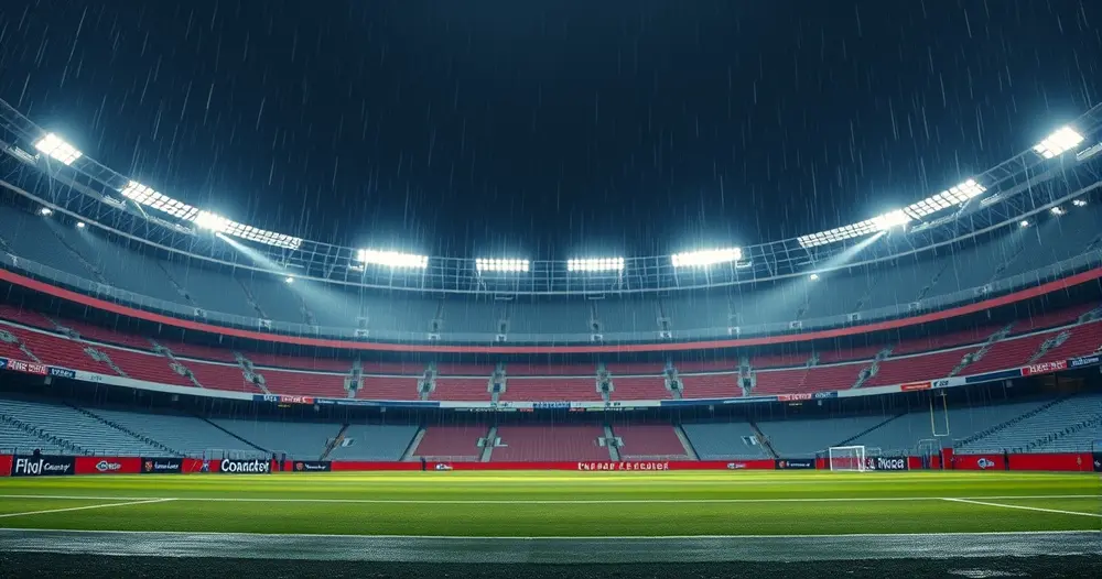 estádio de futebol vazio sob chuva com iluminação acesa