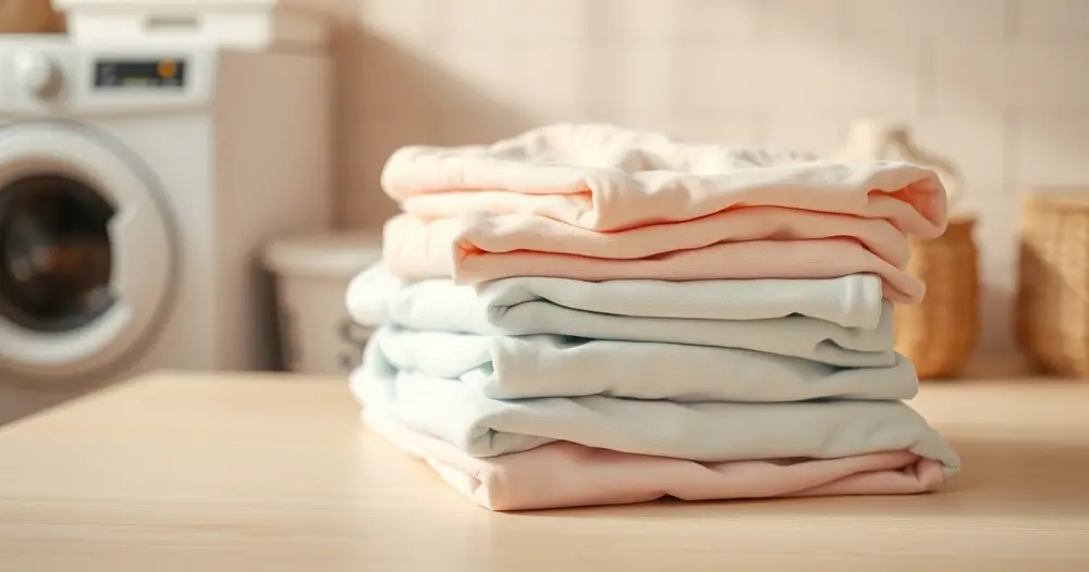Roupas de bebê dobradas e empilhadas sobre superfície clara em ambiente de lavanderia