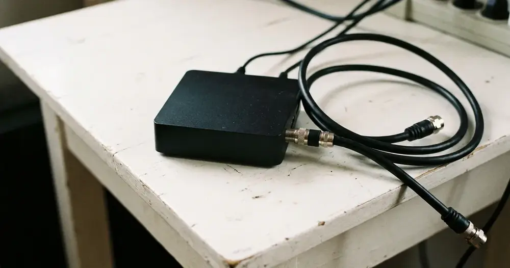 conversor digital de televisão preto com cabo coaxial sobre mesa branca
