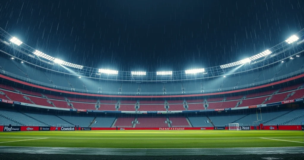 estádio de futebol vazio sob chuva com iluminação acesa