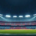 estádio de futebol vazio sob chuva com iluminação acesa